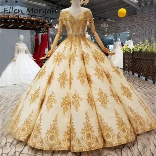 Arabic Gold Lace Ball Gowns Wedding Dresses 2020 Princess Vestidos De Novia Fringe Real Photos Off Shoulder Bridal Gowns