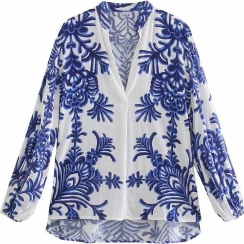ZXQJ Women 2021 Fashion Printed Loose Asymmetric Blouses Vintage V-neck Long Sleeve Button-up Female Shirts Chic Tops