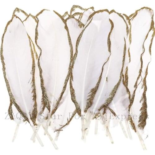 10-100 natural 15-20CM (6-8 inches) goose feather dyed white sprayed gold powder edge DIY craft jewelry feather