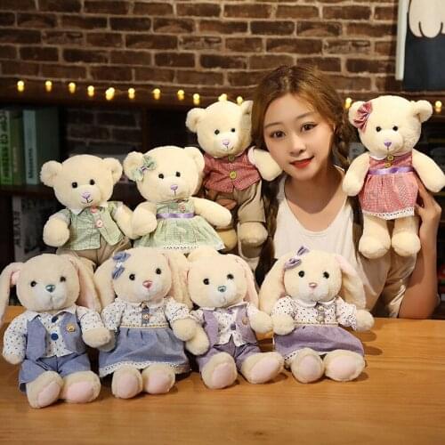 2pcs/lot 35cm Kawaii Dressing Teddy Bear Rabbit Plush Toys Lovely Couple Bear Stuffed Soft Animal Pillow for Girls Lover Gifts