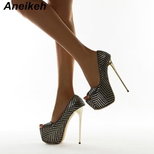 Aneikeh Spring/Autumn Fashion 2021 NEW Patent Leather Basic Slip-On Thin Heels Platform Peep Toe Rome Party Black Size 35-41