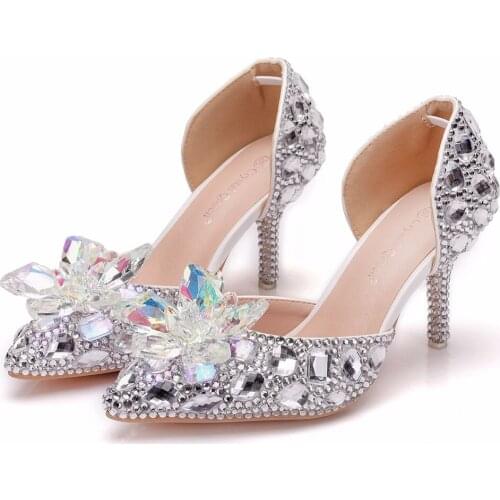 Crystal Queen Cinderella Crystal Shoes Womans High Heels Female Single Sandals Rhinestone Wedding Dress Shoes Pointed Toe