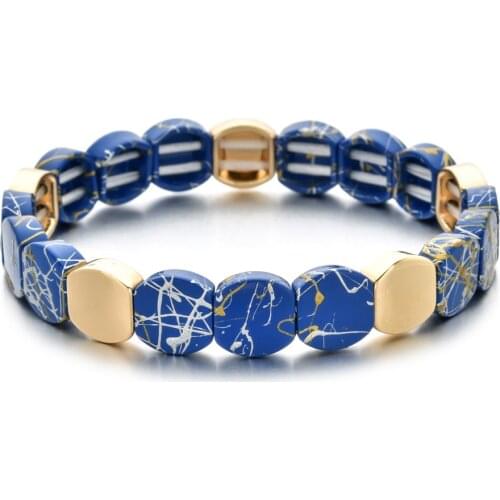 Blue Painted Bracelet Men Colorful Enamel Beaded Bracelet Elastic String Tile Enamel Bracelet Women Cuff Bangles for Women Gift