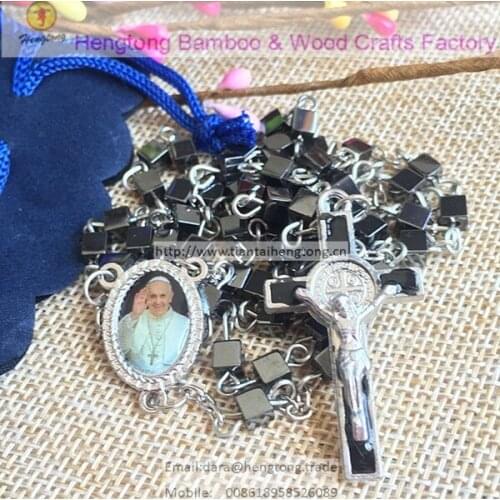6mm square bead hematite rosary with papa Francisco rosary center and benedict cross to be packed with velvet beam pocket