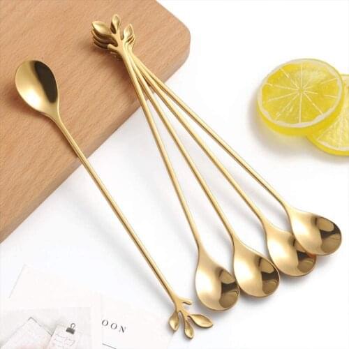 Long Handle Iced Tea Spoons set Creative Gold Leaf Cocktail Stirring Spoons, Premium Food Grade Stainless Steel, Mirror Finish