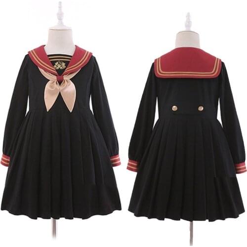 Cute Preppy Style Christmas Bell Embroidery Womens Japanese JK Uniform Style Sailor Dress Pleated Long Sleeve with BowKnot Tie