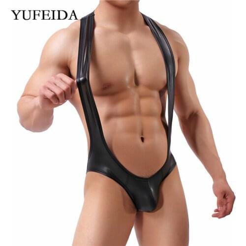 Sexy Men Undershirts Leotard PU Leather Bodysuit One Piece Underwear Jockstrap Wrestling Singlets Penis Pouch Jumpsuit Catsuit