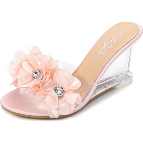 New high heels female summer 8 centimeters summer womens shoes flowers simple wedge sandals transparent heel