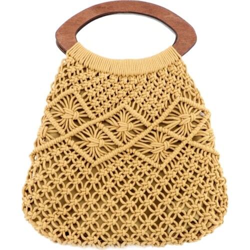 Wooden handle Portable cotton rope weaving straw bag handmade net handbag beach plait bag