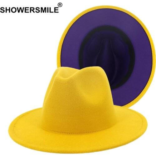 SHOWERSMILE Women Fedora Wool Felt Jazz Cap Yellow Purple Patchwork Male Female Wide Brim Panama Vintage Cowboy Trilby Hat