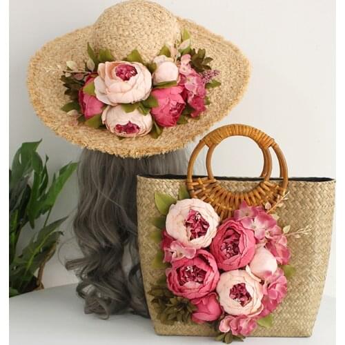 Women Straw Bags Female Bamboo Summer Beach Weave Handbag Lady Handmade Flowers Vintage Wood Handle Bag Travel Knitted Totes