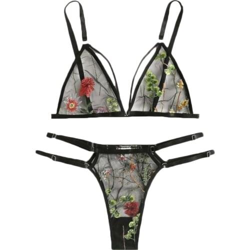 Stylish Bar Women Underwear Embroidery Lace Halter Bra Thong Lingerie Set G-String Transparent Black Party Plus Size Lenceria