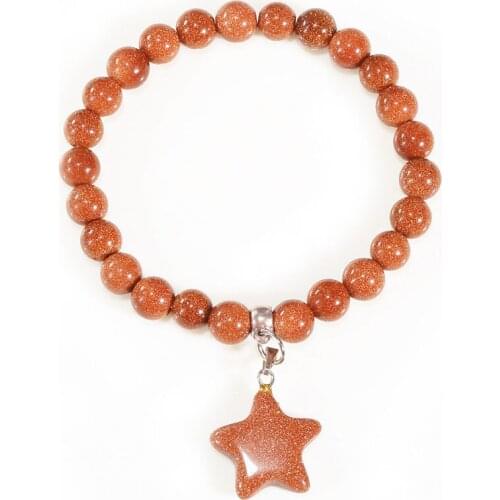 FYJS Unique Silver Plated Lucky Star Conect 8 mm Round Beads Golden Sand Stone Elastic Bracelet Opalite Opal Jewelry