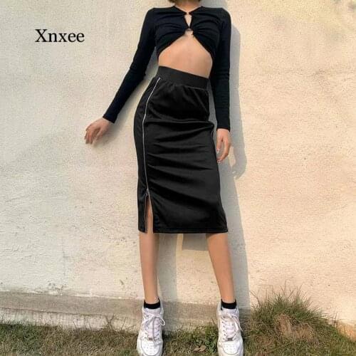 Y2K Womens High Waist Zipper Split Midi Skirt Female Ladies Sexy E-Girl Casual Sport Straight Skirts Avant-Garde 2021 Clothing