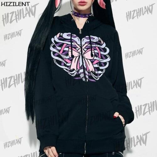 Vintage Skeleton Print Oversized Hoodies Female Zip Up Long Sleeve Women Sweatshirt Y2K top Autumn Winter Fairy Grunge clothing