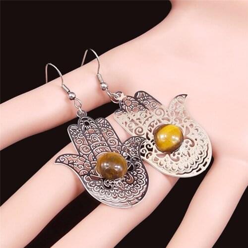 Bohemian Hamsa Hand Natural Stone Stainless Steel Big Earring Women Silver Color Earrings Jewelry brincos para as mulheres EXS04