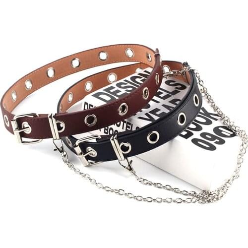 2019 New Imitation Leather Women Punk Chain Fashion Belt Adjustable Black Double Single Eyelet Grommet Leather Buckle Belt