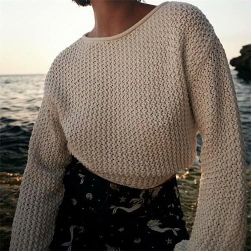 MESTTRAF Women 2021 Fashion With Tied Open-Back Crop Knitted Sweater Vintage O Neck Long Sleeve Female Pullovers Streetwear