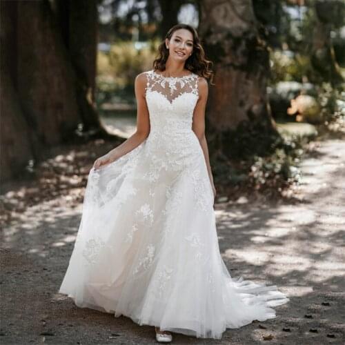 Graceful Scoop Sleeveless A-Line Appliques Wedding Dress Lace Bridal Dress Floor Length Summer Beach Women Bridal Gowns
