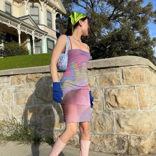 Ladies Dress Tight Suspenders Summer Sleeveless Thin Shoulder Strap Abstract Printed Mesh Mini Dress 2021 Casual Sexy Fashion