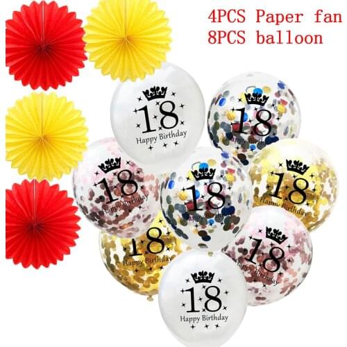 12pcs 18 th Sequins Balloon Birthday Balloons Red Yellow Paper Fans Flower Happy Birthday Number Ballons Party Decorations