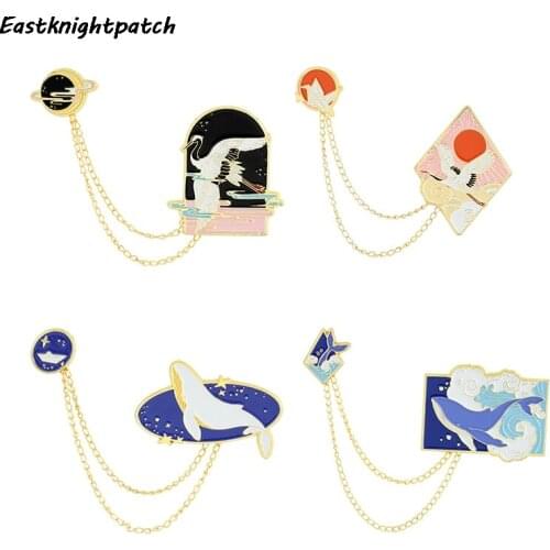 12pcs/lot E3211 Whale Wild Goose Metal Brooch With Chain Pin Badge Cartoon Badges Icon on The Backpack Pins for Clothing Jewelry