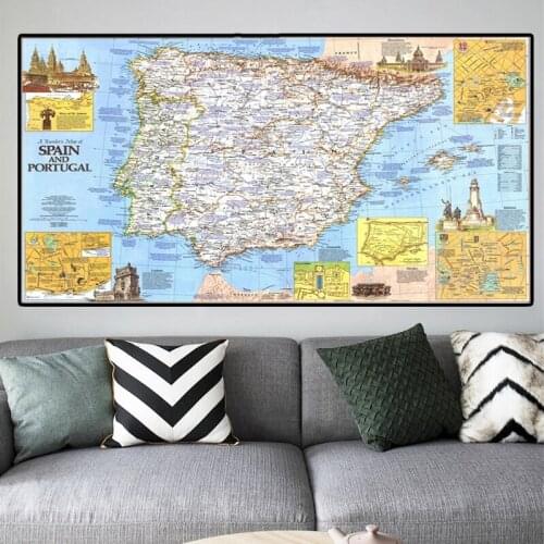 150*100cm 1984 Spain And Portugal Retro Map Non-woven Canvas Painting Wall Art Posters And Prints Living Room Home Decoration
