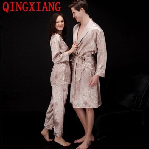 2021 3 Pieces Women Ice Silk Robe Pants Vest Pajamas Set Men Printed Night Sleepwear M-3XL Plus Size Long Sleeve Summer Bathrobe
