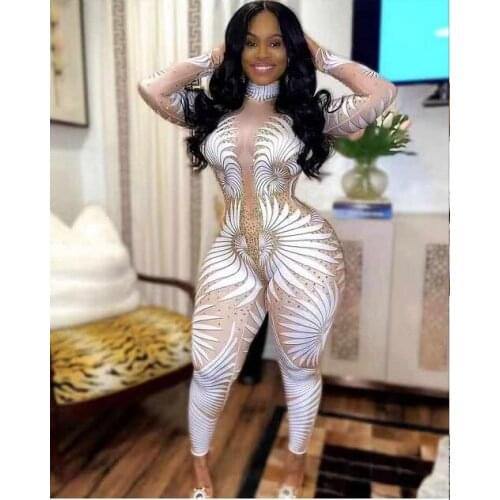 Geometric Printed Big Stretch Jumpsuit Sparkly Rhinestones Bodysuit Stage Wear Womens Celebrate Shining Crystals Costume Outfit