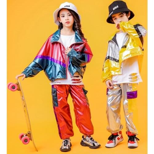 Kid Hip Hop Clothing Bright Sweatshirt Pullover Jacket Top Streetwear Tactical Crago Pants for Girls Boys Dance Costume Clothes
