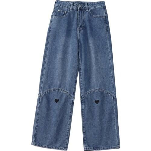 New 2021 Fashion Heart Jeans for Girls Baggy Jeans Woman High Waist Streetwear Denim Trousers Pants Mujer Wide Leg Jeans