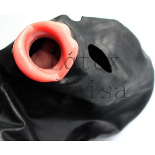 Adults exotic latex hoods attached red soft lips and open eyes in black color