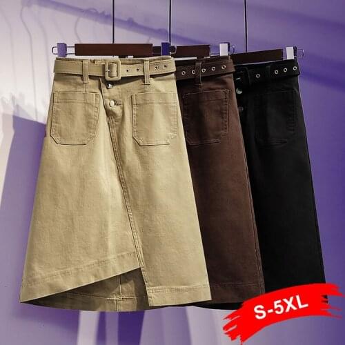 Pockets Plus Size Belted Harajuku Asymmetry Khaki Denim Skirt 5XL 6XL Women Knee Length A-line Jeans Skirts Mom Femme