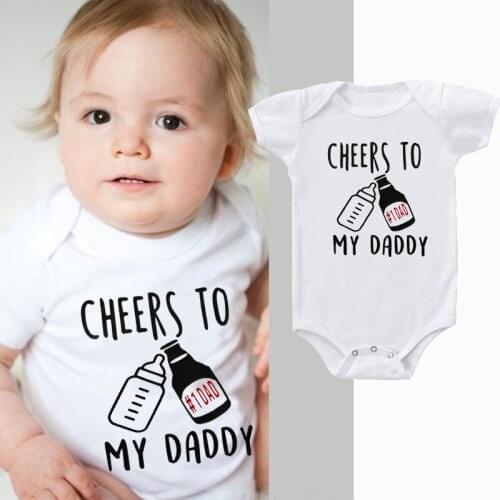 Newborn Baby Boys Girls Short Sleeve Cute Print Letter Cheers To My Daddy Romper Jumpsuit Clothes Outfits White Cotton Rompers