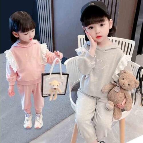 Baby Girls Autumn New Cute Sweet Lace Smile Pullover Hooded Hoodies+Long Pant 2pc Sets Clothing Children Kids Sports Casual Suit