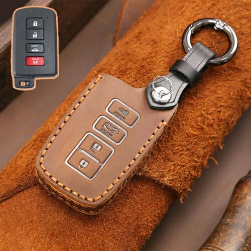 Leather 4 Button Car Key Case Cover For 2019 Toyota Highlander Avalon Camry RAV4 Smart Remote Fob Cover Keychain Auto Accessory