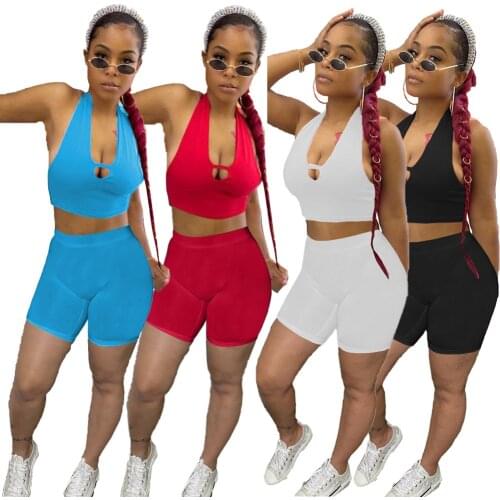 Summer Short Tracksuit Women Sexy Fitness Sport Deep V Neck Sleeveless Crop Top + Biker Shorts Bodycon Two Piece Set Women