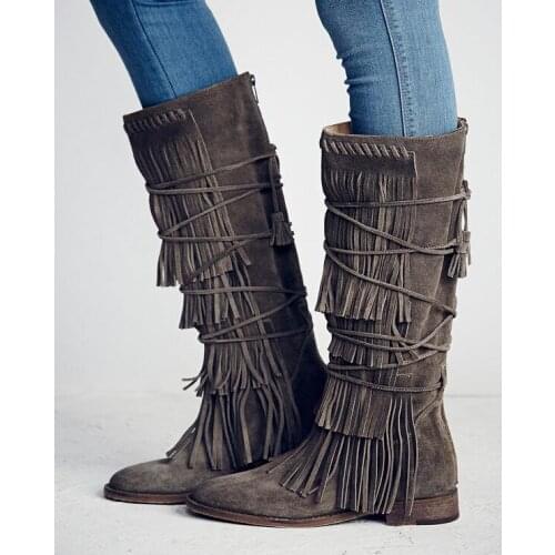 Fashion Gray Tassel Women Knee High Boots Round Toe Lace-up Fringe Flat Heel Winter Ridding Boots Shoes Sexy Motorcycle Boots