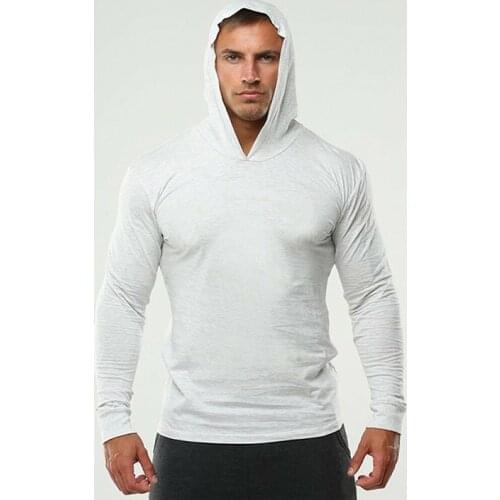 Brand Long Sleeve Hooded Slim Fit T Shirt Men Gym Clothing Solid Color Cotton Tee Shirt Bodybuilding Fitness Sportwear Tshirt