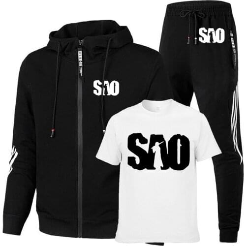 Spring Autumn Anime Sword Art Online SAO Printed Mens Zip Jacket Cotton Casual Mens jacket + sweater + pants three-piece suit