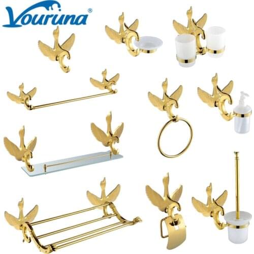 VOURUNA Golden Swan Shape Bath Hardware Set Bathroom Accessory Set Toilet Paper Holder Towel Rail