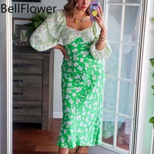 Autumn Boho Dress for Women Floral Print Party Chiffon Beach Style Lantern Sleeve Square Collar Three Quarter Holiday Dresses