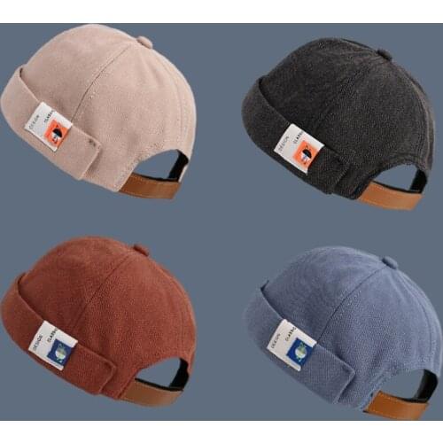 Retro Solid Color Beanie Docker Cap Rolled Cuff Brimless Label Hip Hop Skull Hat Y1AC
