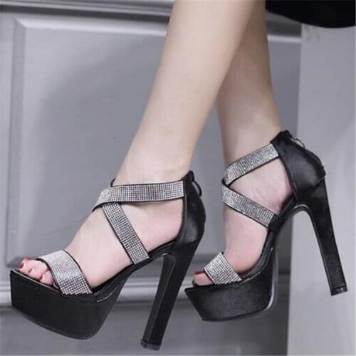Women Sandals Summer Ladies PU ZIP Thick High Heels Open Toed Rhinestone waterproof Classics fashion Party Wedding shoes women