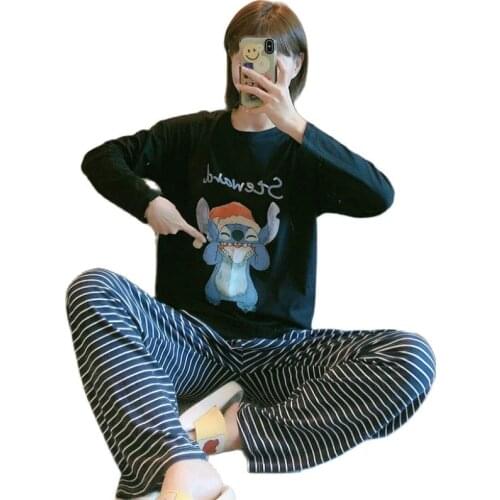 M-2XL Loose Disney Stitch Christmas Pajamas Set for Woman Long Sleeve Blouse and Striped Pant 2 Piece Set Women Soft Lounge Suit