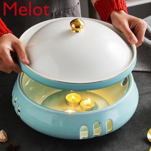 High-End Restaurant Chinese Ceramic Special Candle Alcohol Heating Insulation Open Stove Commercial round Hot Pot Dish with Lid