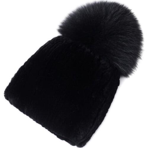 CX-C-83E Warm and Soft Rex Rabbit Fur Beanies Big Fox Fur Pompom Hat for Women