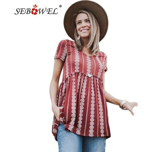 SEBOWEL Summer Bohemian Floral Print Peplum Tunic Top and T-Shirts for Women Sexy V Neck Short Sleeve Ruffles Tops Boho Pullover