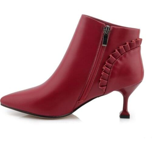 Cow Leather Women Ankle Boots Pointed Toe Rubber Footwear Fur Med Heels Female Boot Zip Shoes Woman 2019 Winter Black