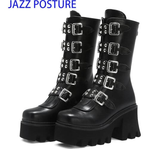 Winter Gothic Punk Womens Platform Boots Black Buckle Strap zipper Creeper Wedges Shoes Mid Calf Military Combat Boots z674